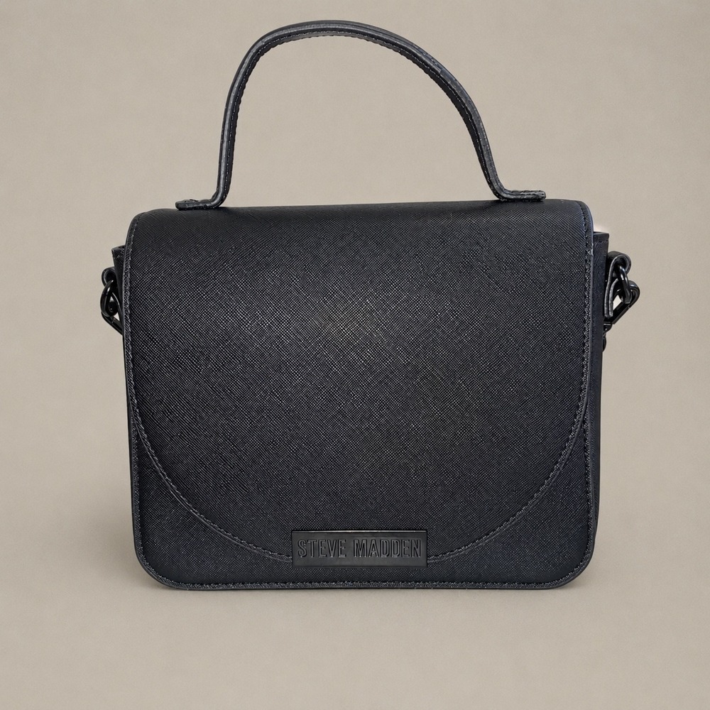 Steve Madden Bmelodie Crossbody Bag Black Saffiano Satchel Top Handle Purse